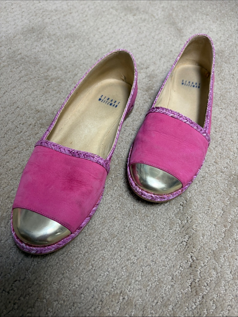 Stuart Weitzman Pink Suede Slip-On Flats with Metallic Gold Toe